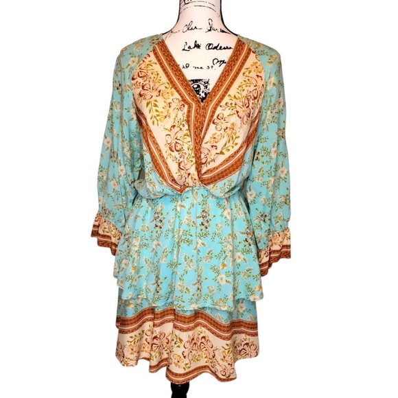 Umgee Floral Boho Layered Midi Dress Size LG Teal Bell Sleeve Border Print Gypsy - Picture 3 of 6